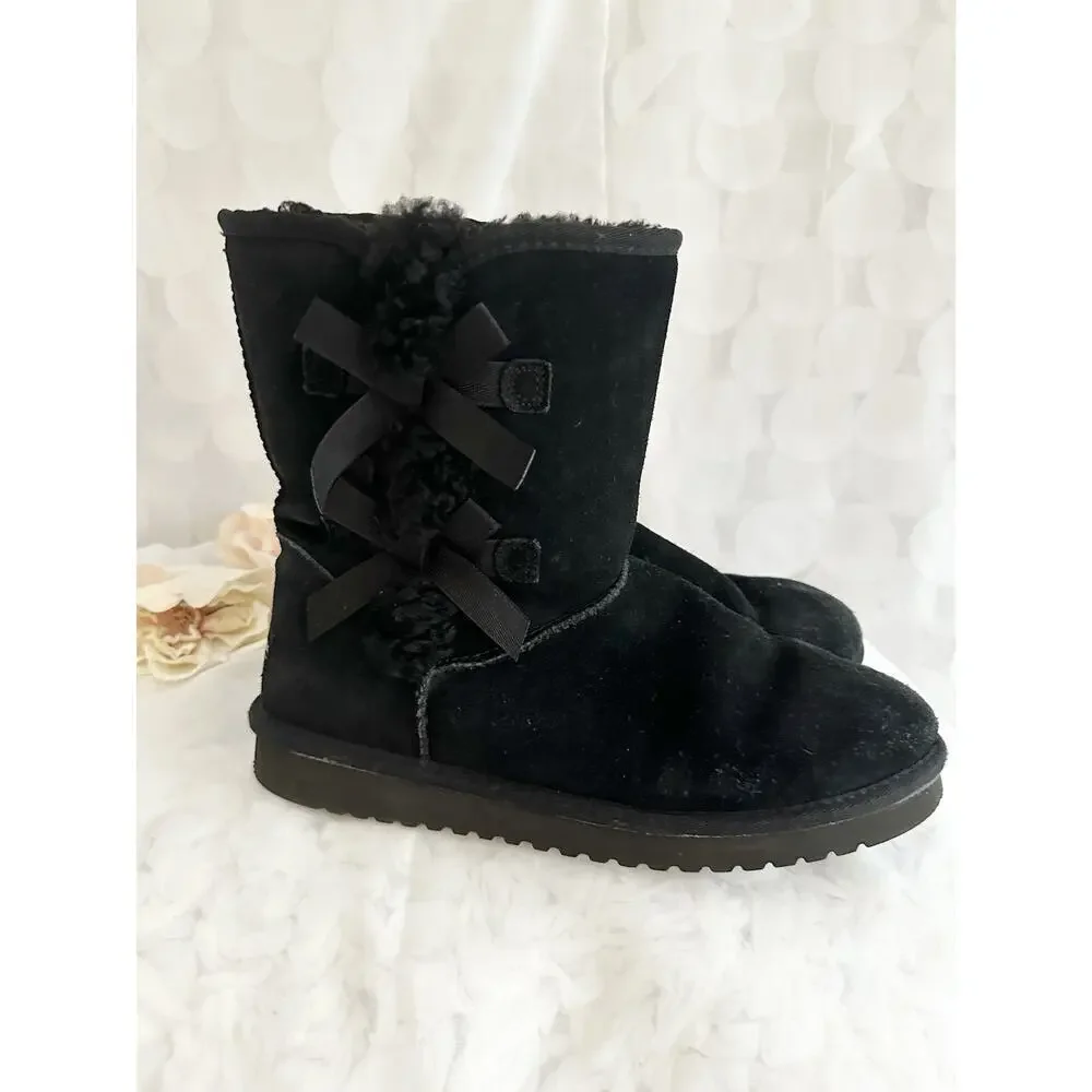 Kolaburra by UGG Victoria Black Suede Mid Calf Boots Women’s Size 11 Bows CLEAN